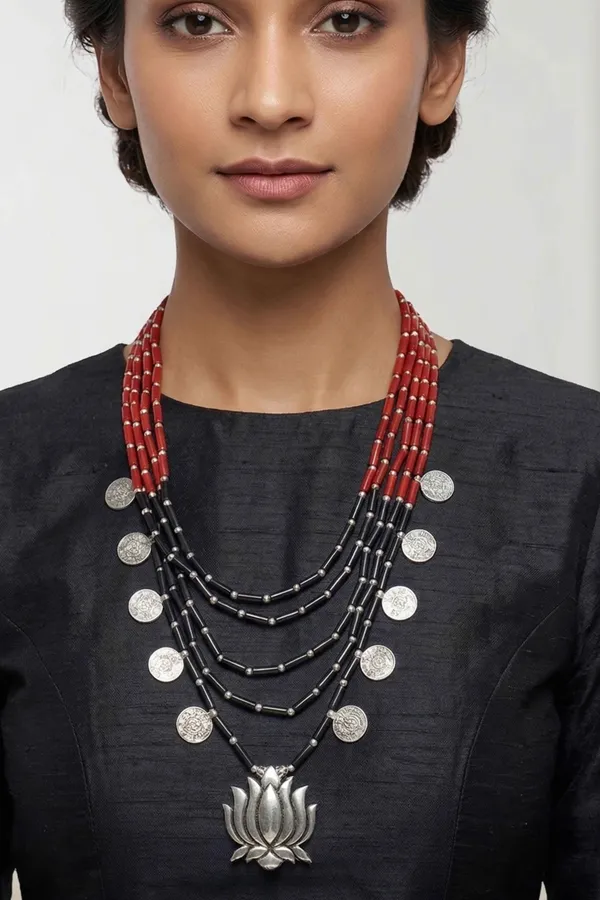 Utpala_Multi-Layered_Red_and_Black_Beaded_Necklace_with_Silver_Lotus_Pendant