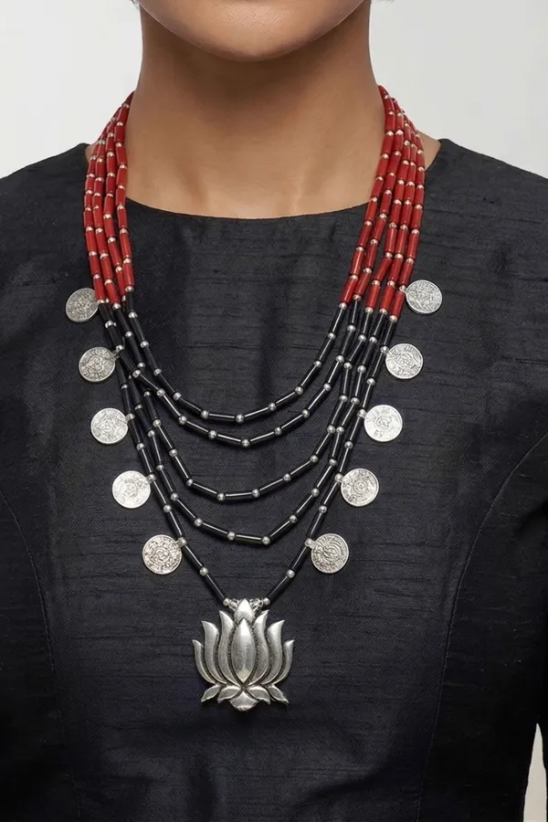 Utpala_Multi-Layered_Red_and_Black_Beaded_Necklace_with_Silver_Lotus_Pendant