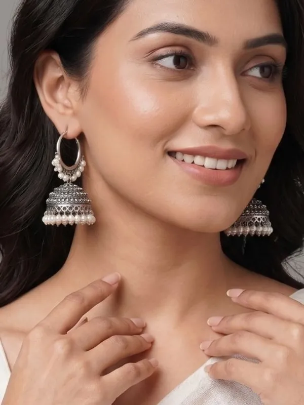 German_Silver_Hoop_Jhumka_Earrings_with_Dangling_Beads