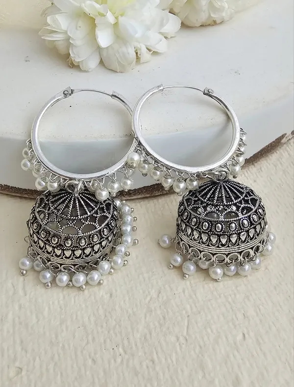 German_Silver_Hoop_Jhumka_Earrings_with_Dangling_Beads