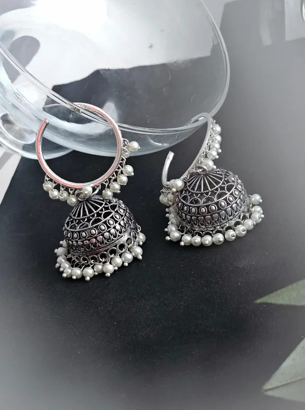 German_Silver_Hoop_Jhumka_Earrings_with_Dangling_Beads