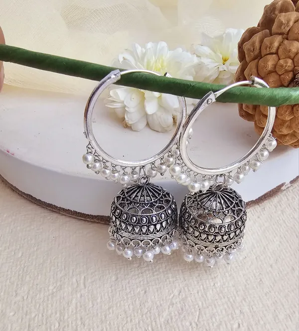 German_Silver_Hoop_Jhumka_Earrings_with_Dangling_Beads
