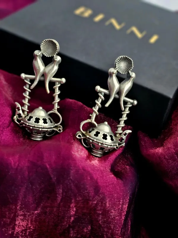 German_Silver_Bird_Stand_Drop_Earrings