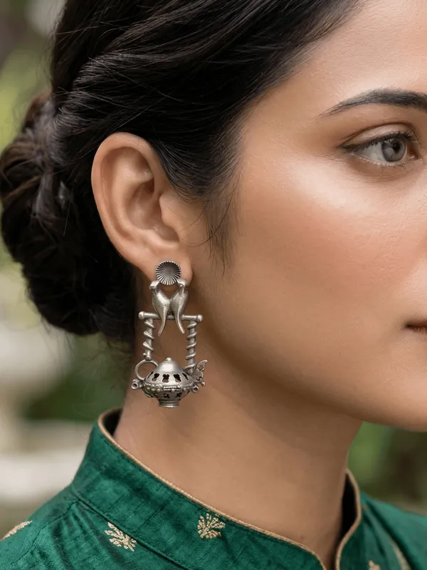 German_Silver_Bird_Stand_Drop_Earrings