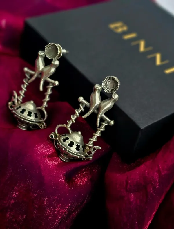German_Silver_Bird_Stand_Drop_Earrings
