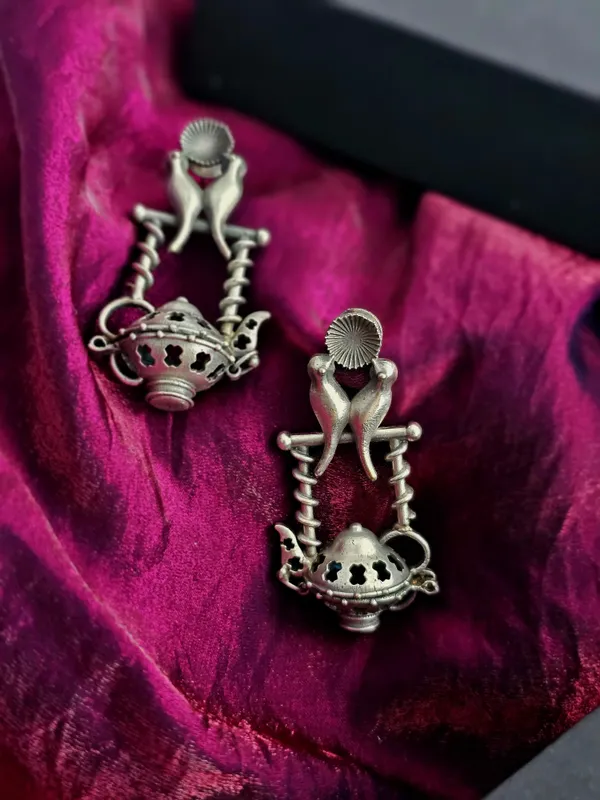 German_Silver_Bird_Stand_Drop_Earrings