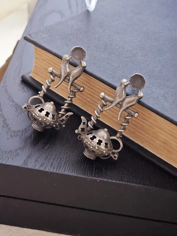 German_Silver_Bird_Stand_Drop_Earrings