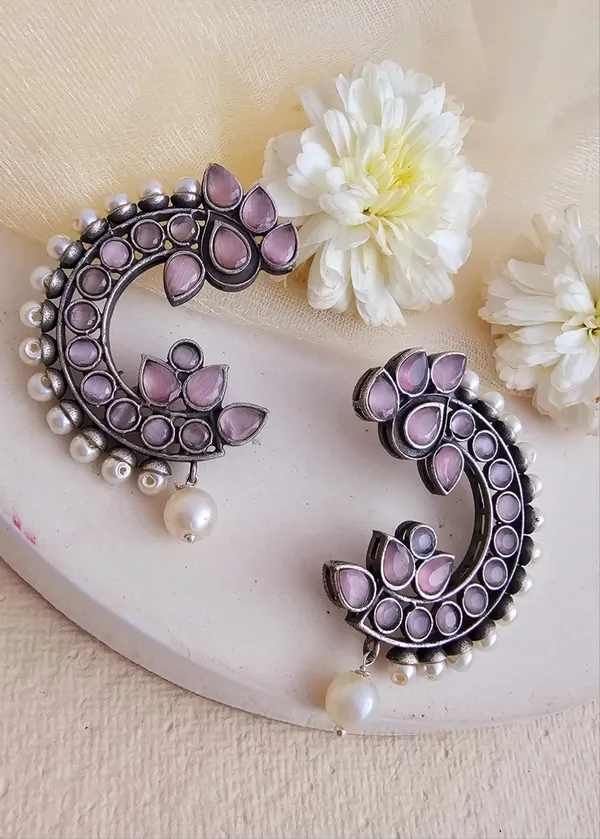 Women_german_silver_&__peach_kundan_stud