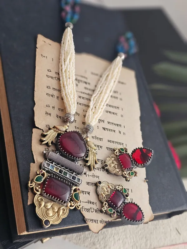 Avira_Long_Necklace_Set_with_Maroon_Gemstone_and_Peacock_Pendant