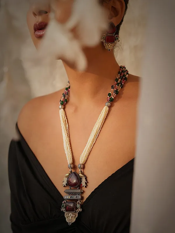 Avira_Long_Necklace_Set_with_Maroon_Gemstone_and_Peacock_Pendant