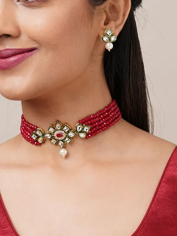 Binnis_Wardrobe_Mishka_Maroon_Hydro_Bead_Choker_Necklace_Set_with_Kundan_Flower_Pendant