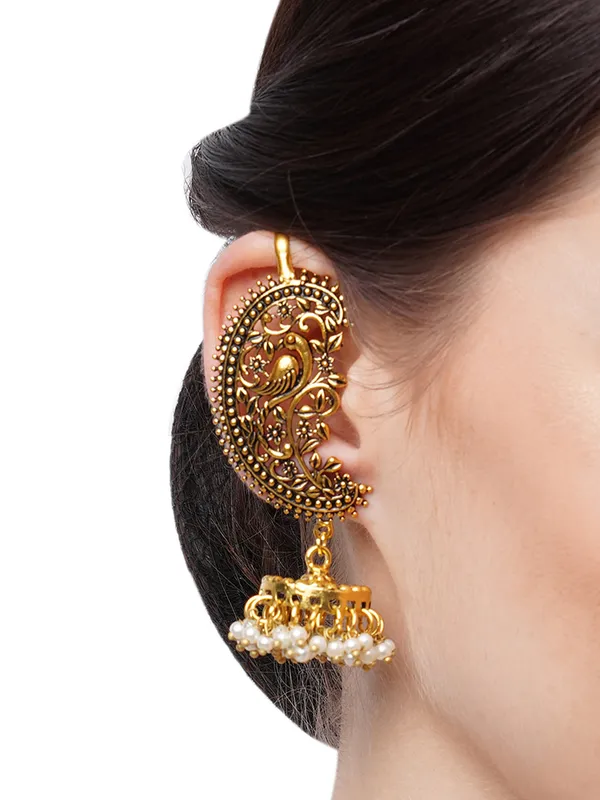 Gold-Plated_Peacock_Earcuff_with_Jhumka_Dome