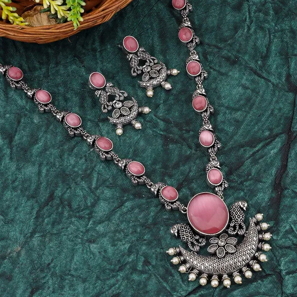 Pink_Stone_Oxidised_Silver_Necklace_and_Earring_Set