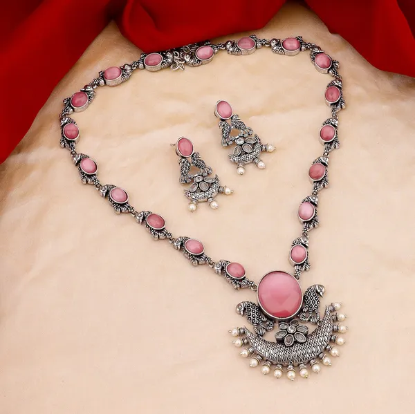 Pink_Stone_Oxidised_Silver_Necklace_and_Earring_Set