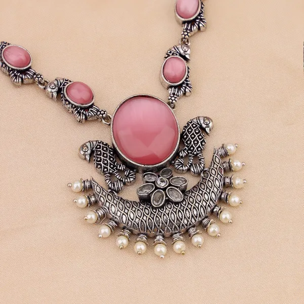 Pink_Stone_Oxidised_Silver_Necklace_and_Earring_Set