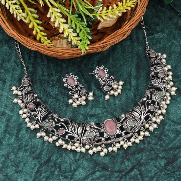 Oxidised_Silver_Necklace_Set_with_Pink_Stones_and_Pearl_Accents