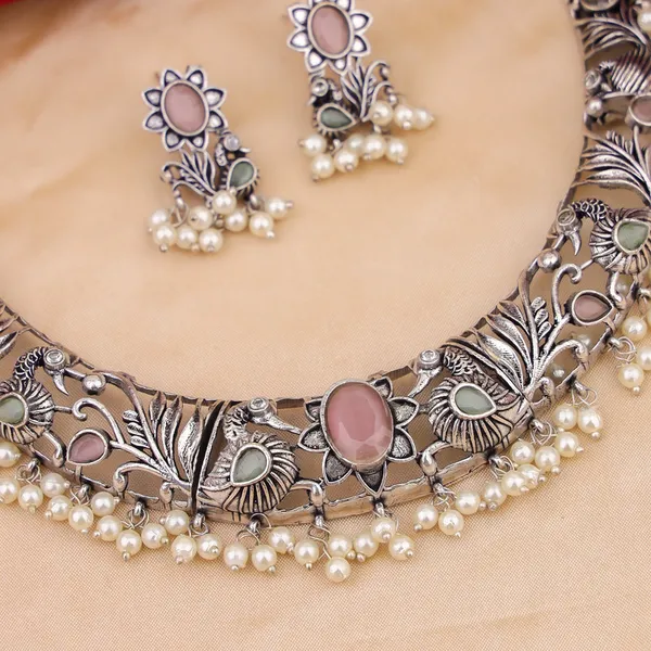 Oxidised_Silver_Necklace_Set_with_Pink_Stones_and_Pearl_Accents