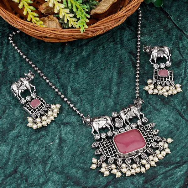 Oxidised_Silver_Elephant_Necklace_Set_with_Pink_Stones_and_Pearl_Accents