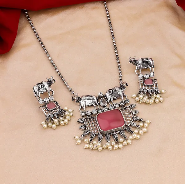 Oxidised_Silver_Elephant_Necklace_Set_with_Pink_Stones_and_Pearl_Accents
