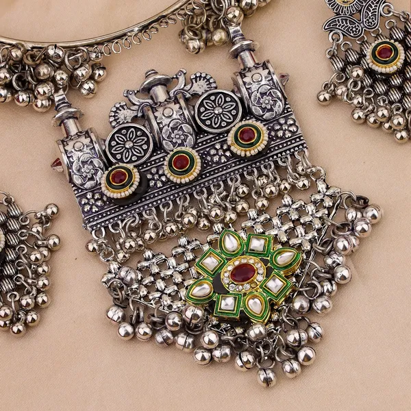 Oxidised_Silver_Necklace_Set_with_Red_and_Green_Stones