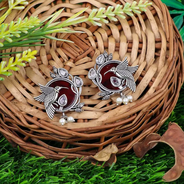 Oxidised_Silver_Fish_Design_Earrings_with_Red_Stones_and_Pearl_Accents