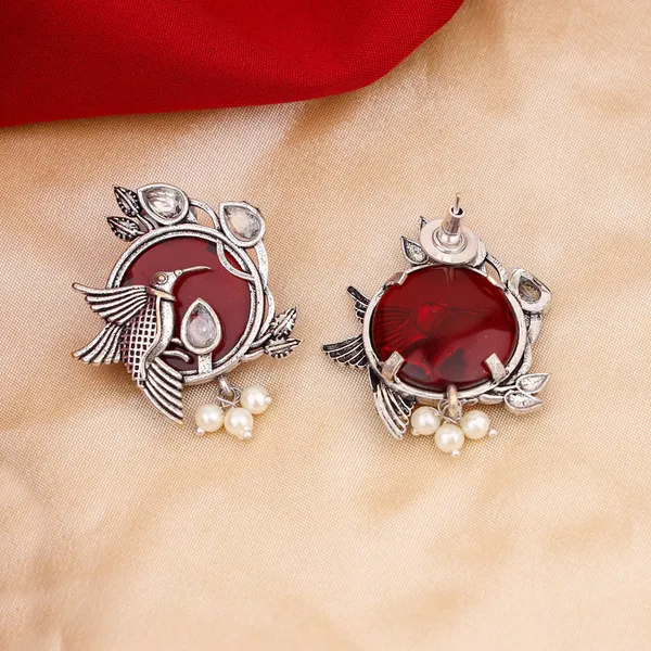 Oxidised_Silver_Fish_Design_Earrings_with_Red_Stones_and_Pearl_Accents