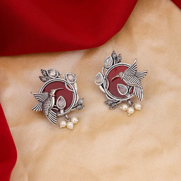 Oxidised_Silver_Fish_Design_Earrings_with_Red_Stones_and_Pearl_Accents