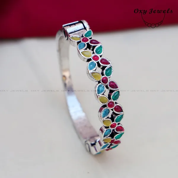 Elegant_Navaratna_Floral_Design_Silver_Bracelet_-_Oxy_Jewels_Collection