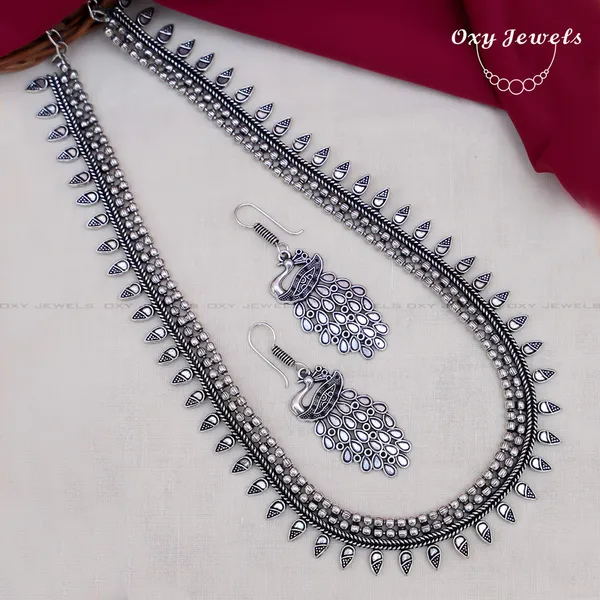 Oxyjewels Oxidized Silver Peacock Long Necklace and Earrings Set
