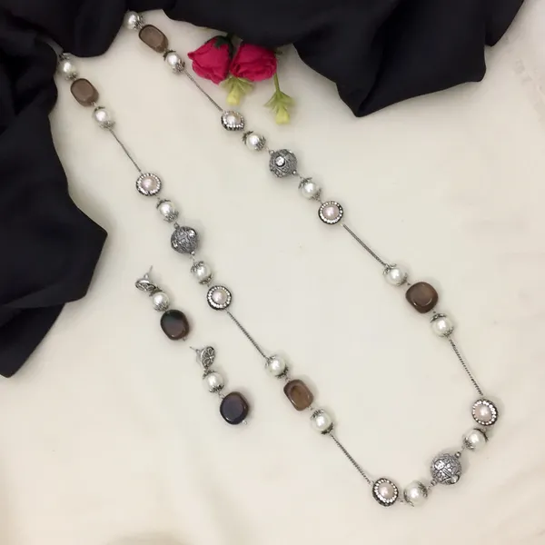 Elegant_Long_Chain_Necklace_-_Oxidized_Silver_with_Pearls_&_Brown_Beads,_Round_&_Square_Shapes