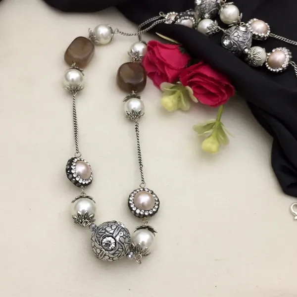 Elegant_Long_Chain_Necklace_-_Oxidized_Silver_with_Pearls_&_Brown_Beads,_Round_&_Square_Shapes