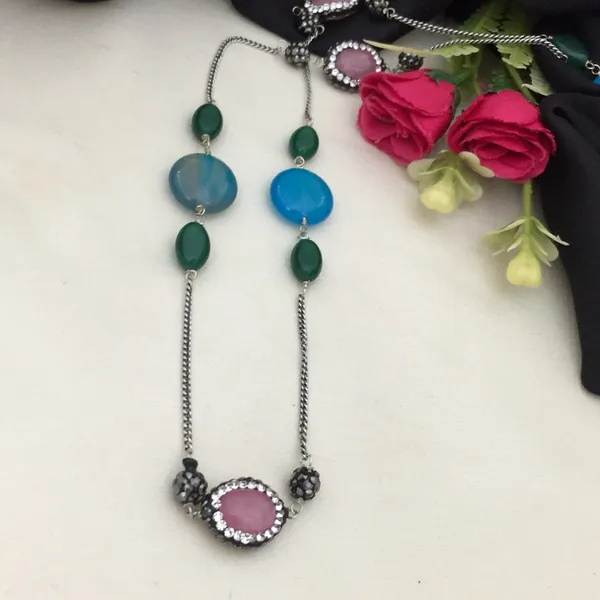 Long_Chain_Oxidised_Necklace_Set_-_Blue,_Pink,_Green_Ovals_&_Teardrops