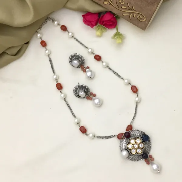 Oxidized_Long_Chain_Necklace_Set_-_Silver,_Red,_Blue,_Pearl_Beads,_Floral_Pendant,_Teardrop_Earrings
