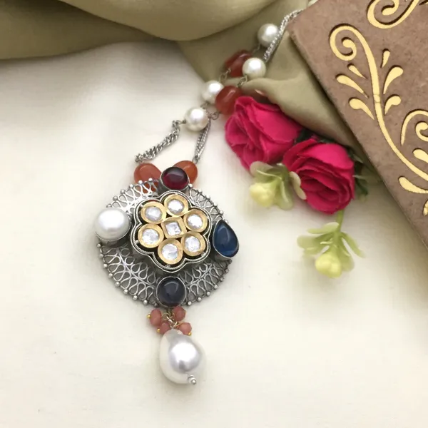 Oxidized_Long_Chain_Necklace_Set_-_Silver,_Red,_Blue,_Pearl_Beads,_Floral_Pendant,_Teardrop_Earrings