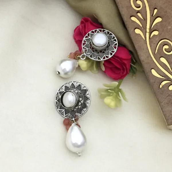 Oxidized_Long_Chain_Necklace_Set_-_Silver,_Red,_Blue,_Pearl_Beads,_Floral_Pendant,_Teardrop_Earrings
