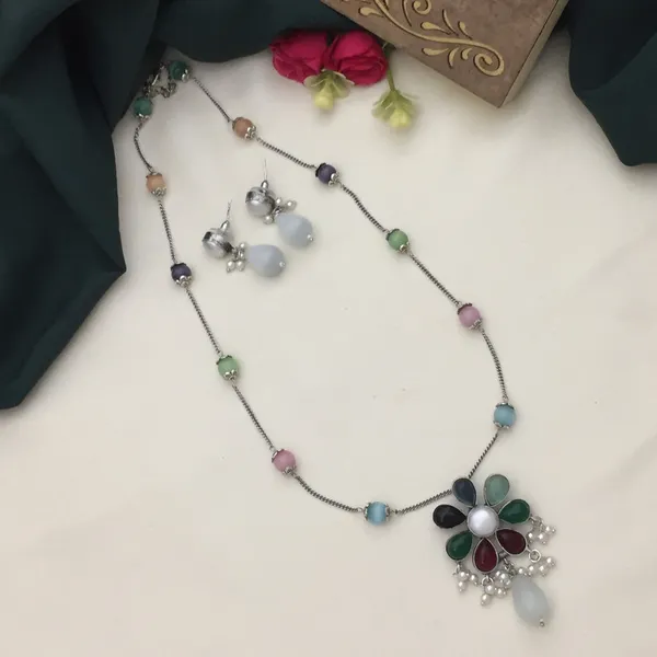 Multicolor_Beaded_Oxidized_Necklace_Set_with_Teardrop_Earrings_-_Floral_Pendant_Design