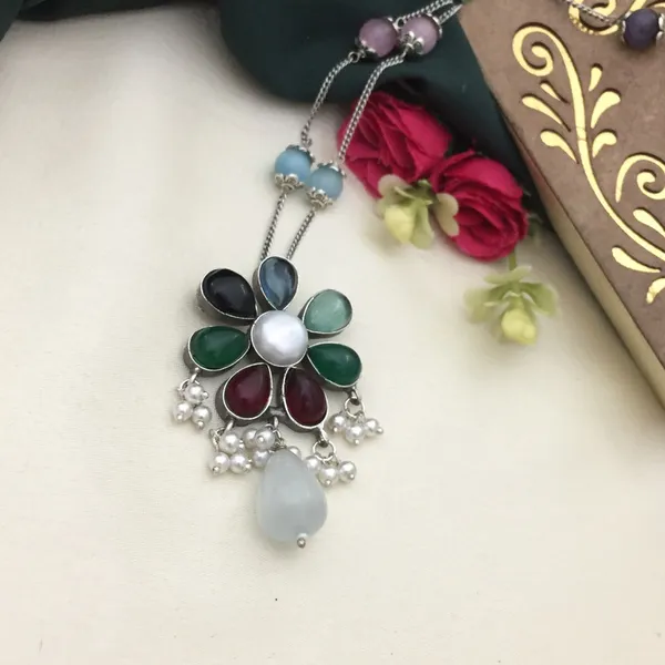 Multicolor_Beaded_Oxidized_Necklace_Set_with_Teardrop_Earrings_-_Floral_Pendant_Design