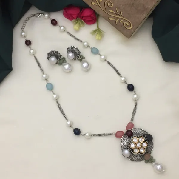 Oxidized_Long_Chain_Necklace_Set_-_Multicolor_Beads_&_Floral_Pendant_with_Earrings