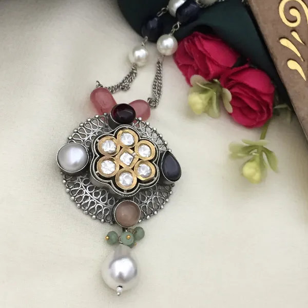 Oxidized_Long_Chain_Necklace_Set_-_Multicolor_Beads_&_Floral_Pendant_with_Earrings