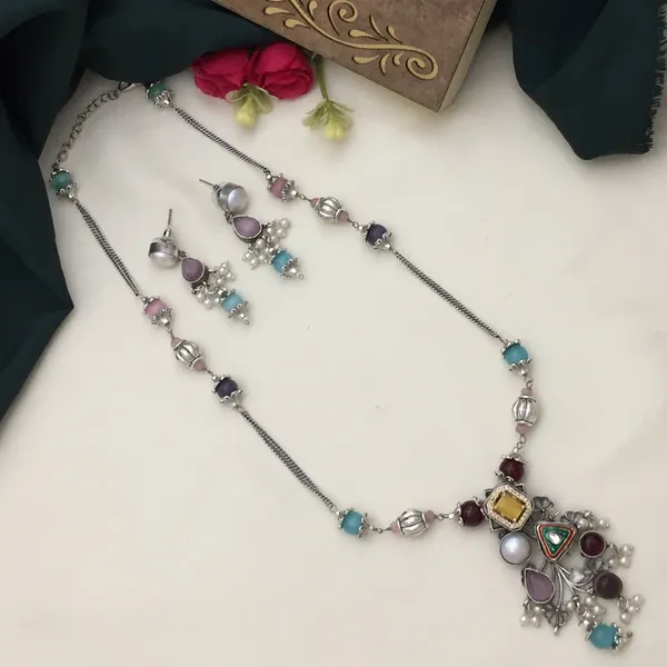 Multicolor_Gemstone_Long_Chain_Oxidized_Necklace_Set_with_Earrings_-_Geometric_Shapes