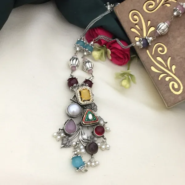 Multicolor_Gemstone_Long_Chain_Oxidized_Necklace_Set_with_Earrings_-_Geometric_Shapes