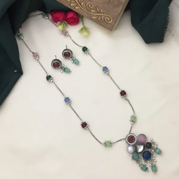 Multicolor_Gemstone_Long_Chain_Necklace_with_Oxidized_Silver_Finish_and_Matching_Earrings_-_Oval_and_Round_Shapes
