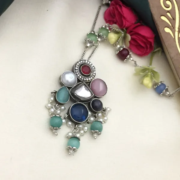 Multicolor_Gemstone_Long_Chain_Necklace_with_Oxidized_Silver_Finish_and_Matching_Earrings_-_Oval_and_Round_Shapes