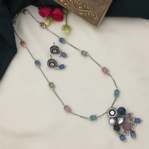 Multicolor_Beaded_Long_Chain_Oxidized_Necklace_Set_with_Earrings_-_Geometric_Shapes