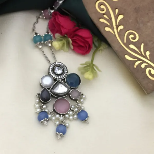 Multicolor_Beaded_Long_Chain_Oxidized_Necklace_Set_with_Earrings_-_Geometric_Shapes