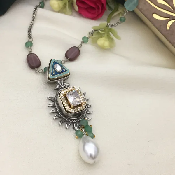 Elegant_Oxidized_Long_Chain_Necklace_Set_-_Multicolor_Beads_&_Geometric_Shapes