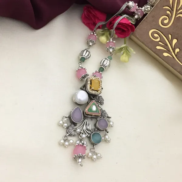 Pink_&_Silver_Oxidized_Long_Chain_Necklace_Set_with_Geometric_Charms