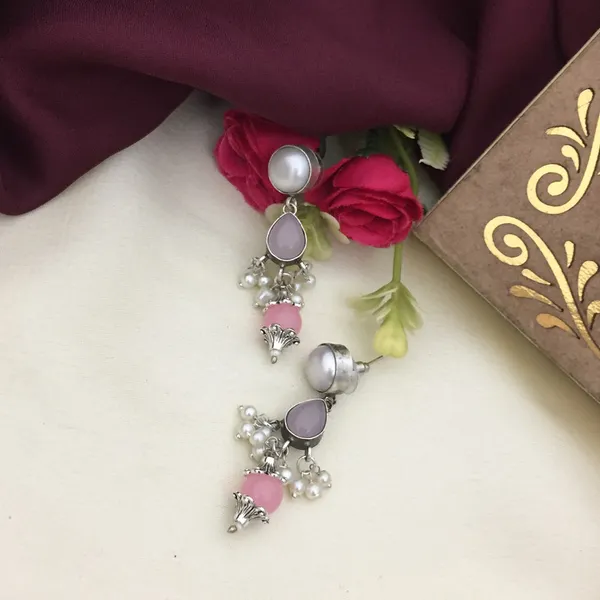 Pink_&_Silver_Oxidized_Long_Chain_Necklace_Set_with_Geometric_Charms