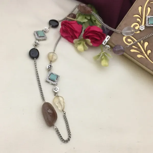 Elegant_Long_Chain_Necklace_Set_-_Oxidized_Silver_with_Multicolor_Gemstones_&_Teardrop_Shapes