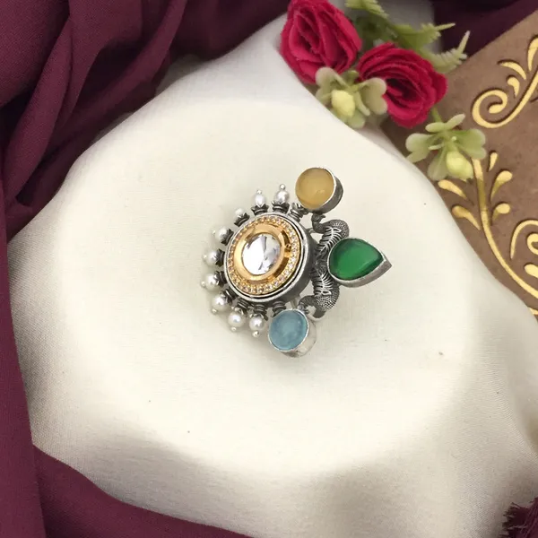 Multicolor_Teardrop_Oxidised_Silver_Ring_with_Pearl_Accents